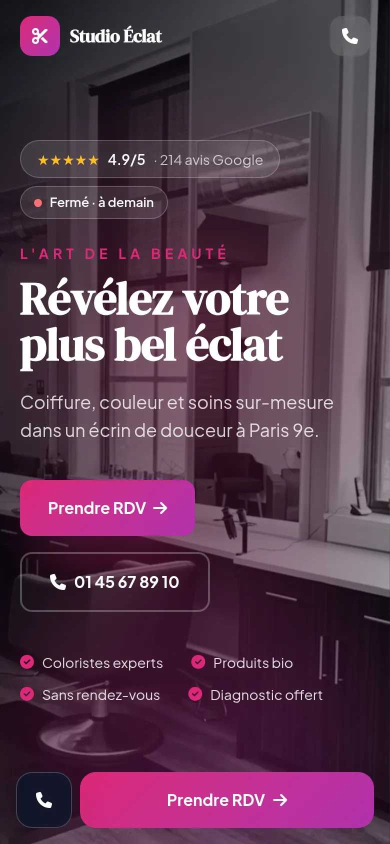 Version mobile d'un site d'institut de beauté